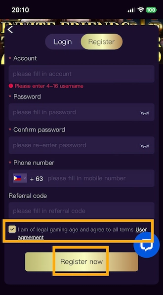 Step 3: Confirm the legal age to play gaming and agree to the terms user agreement.